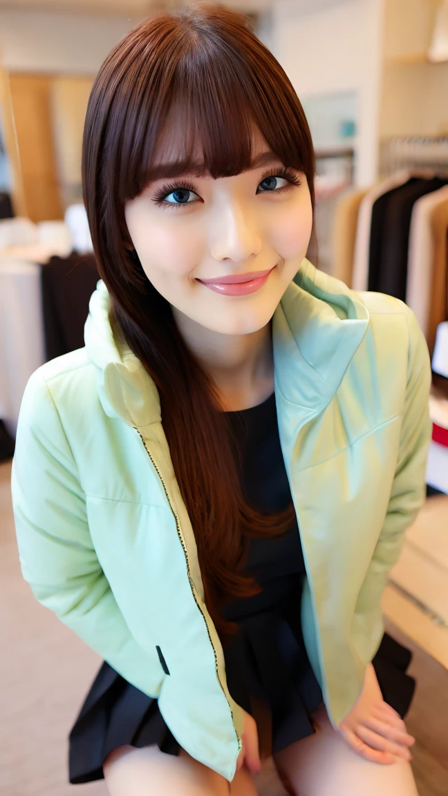 (masterpiece:1.2, best quality), (real picture, intricate details), 1lady, solo, upper body, casual, long hair, minimal makeup, natural fabrics, close-up face, smile, home, long light platinum blonde hair, bangs, wavy hair, voluminous hair, green eyes, big breasts, cold clothing, cute clothes, pleated skirt, black skirt, beautiful clothing, blue parkas, blue coat, coat with fur, blue coat white fur, bangs on forehead, Korean bangs, cute bangs. risbeauty asia,