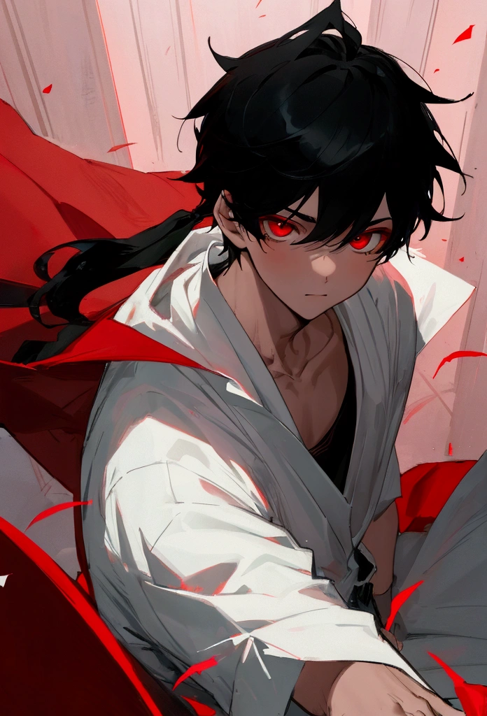 a cute boy with black hair and red eyes