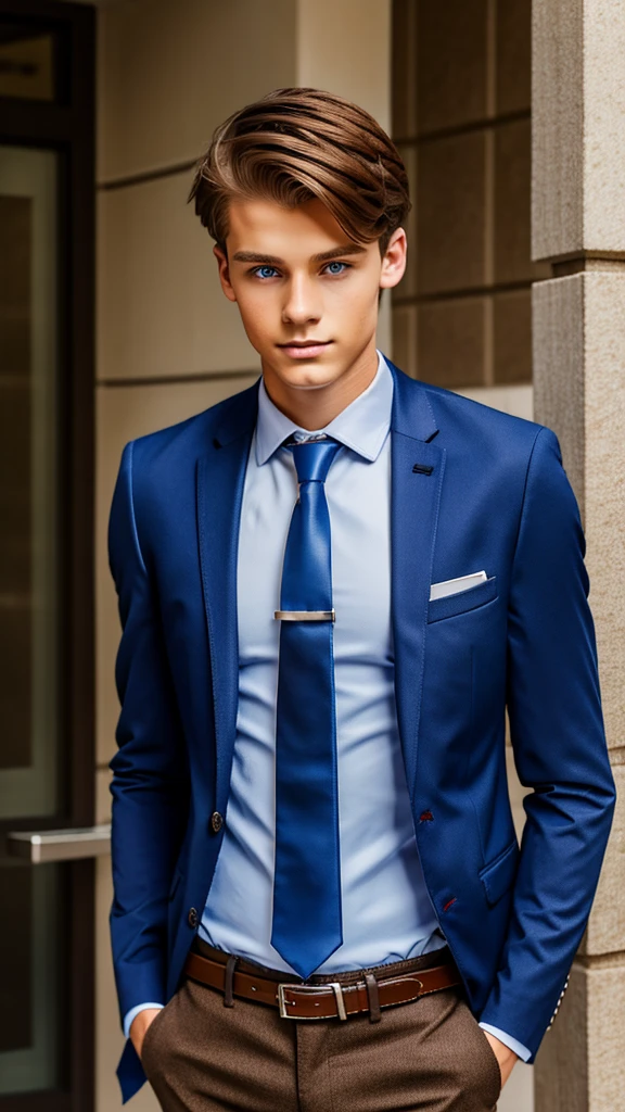 19 year old male wearing tie and lomg sleveed  button up with blazer and vest with dress pants and belts
4K HIGH REZ 

Physical Description: Brown colored hair and skinny build. 5"5 and 150 LB. Blue eyes. 

.