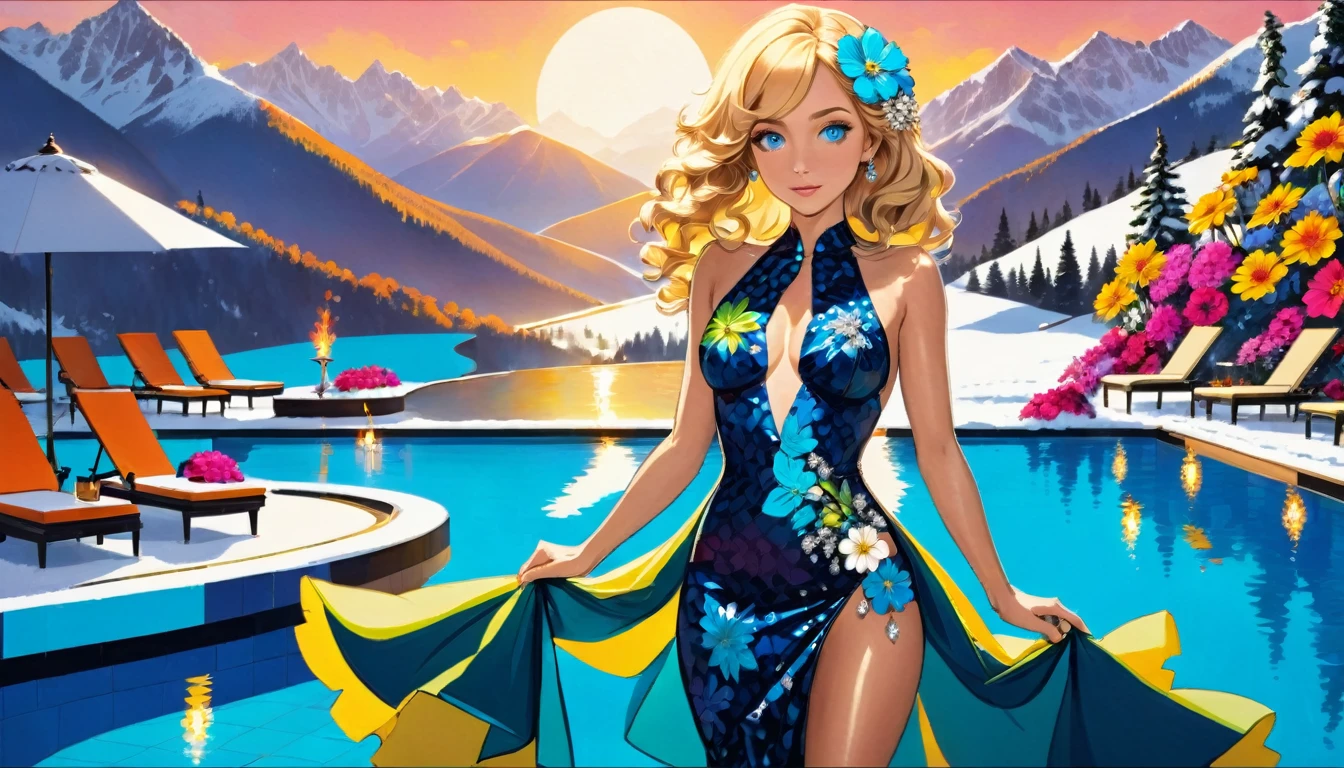 an ultra wide award winning picture of an elite glamour woman in a pool party in a high society pool on a snowy mountain, a most beautiful woman ((anatomically correct:1.5)), blond hair, rich hair, wavy hair, deep blue eyes, wearing a bathing suit dress, intricate bathing suit, dynamic color, decorated with flowers, decorated with diamonds, sense of prestige, high class, holding a glass of wine, wearing elegant high heels, in a rich high society pool party, large infinity pool in hotel roof, in a resort on a snowy mountain, sun setting down, torches around the pool, and other party goers snow mountain in the background, chumbasket art style, flower dress