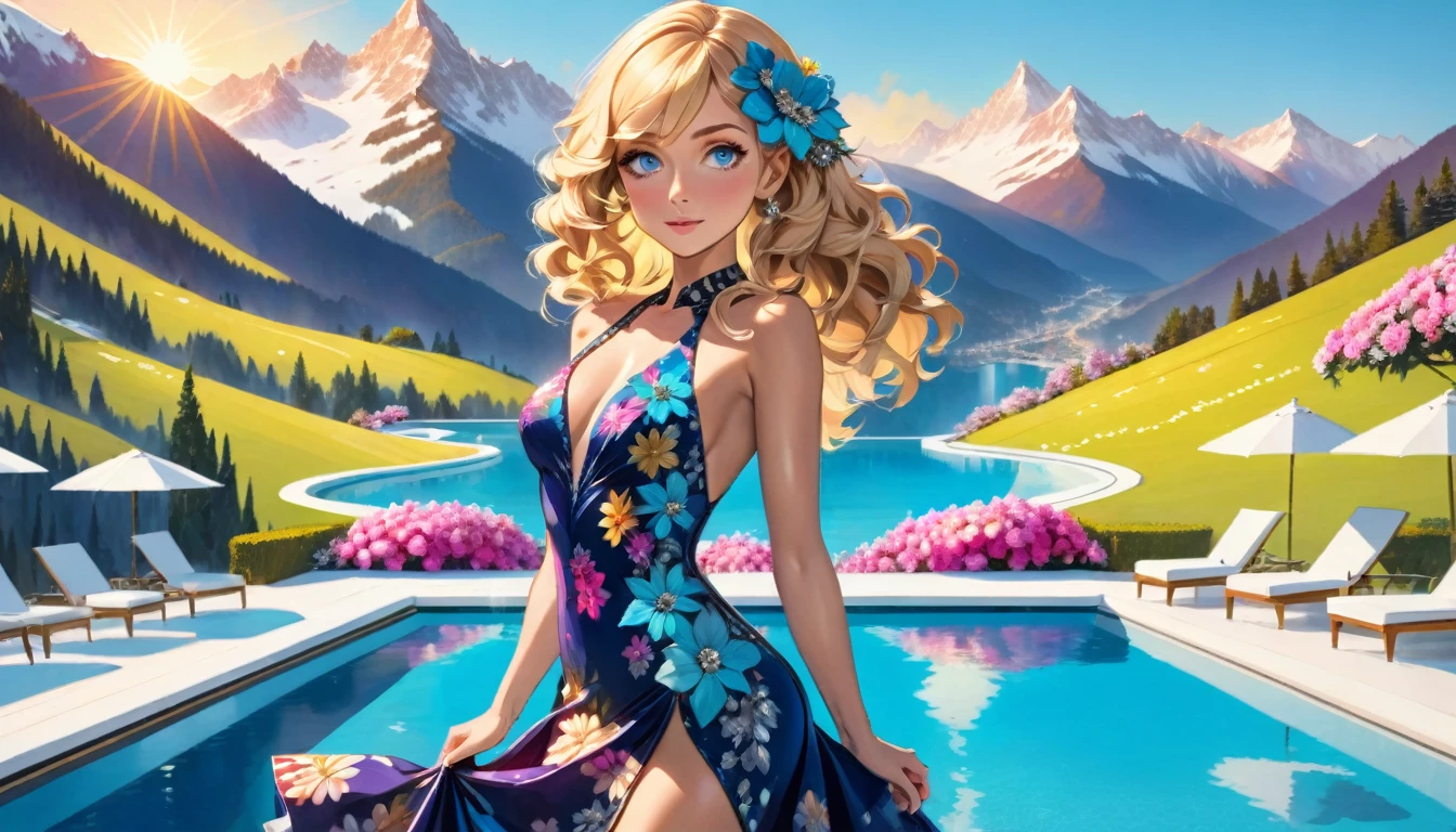 an ultra wide award winning picture of an elite glamour woman in a pool party in a high society pool on a snowy mountain, a most beautiful woman ((anatomically correct:1.5)), blond hair, rich hair, wavy hair, deep blue eyes, wearing a bathing suit dress, intricate bathing suit, dynamic color, decorated with flowers, decorated with diamonds, sense of prestige, high class, holding a glass of wine, wearing elegant high heels, in a rich high society pool party, large infinity pool in hotel roof, in a resort on a snowy mountain, sun setting down, torches around the pool, and other party goers snow mountain in the background, chumbasket art style, flower dress
