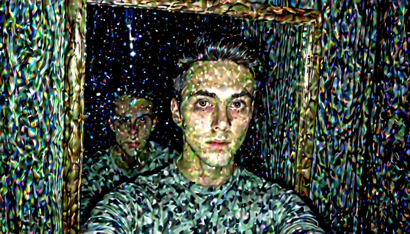 selfie photo of a man in front of the mirror but his reflection is staring at him, everything is dark, only flashlight light, disturbing atmosphere,creepy aura,,in the night,blair witch project atmosphere, unnerving and creepy aura, disturbing aura,horror core,found footage,grainy,