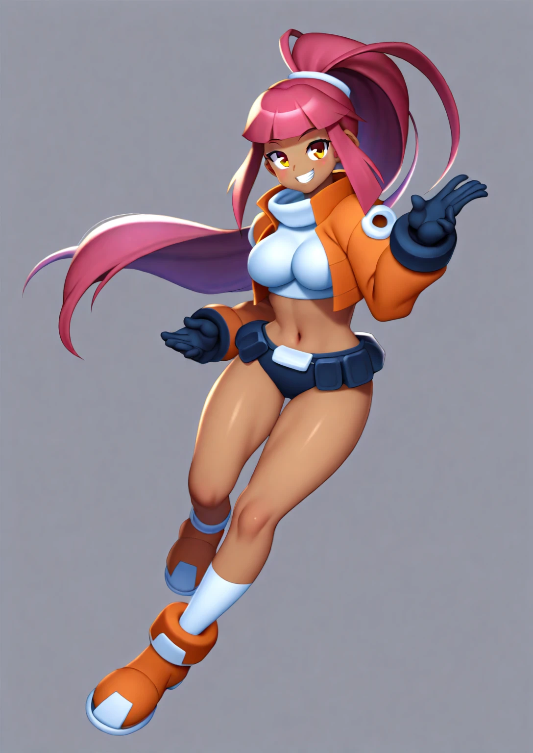 1in kinu-sensei artstyle, Kinu Nishimura style, muted pastel colors, full body, 1girl, long hair, mature female, tanned female, curvaceous figure, medium breasts, large hips, hourglass figure, solo, This image depicts a slender, humanoid character that is a reploid, a type of robot from the Mega Man X series. The character has a futuristic and stylized appearance, with a predominantly dark color scheme. The Reploid features a futuristic and functional design, incorporating a blend of military and utilitarian aesthetics. The character is depicted in a mechanical armor predominantly colored in vibrant purple, with contrasting red and white accents. The character has a himecut with blunt bangs, giving a dynamic and lively feel. The pose is confident and energetic, with fists raised and a wide stance, suggesting readiness and enthusiasm. The art style is reminiscent of anime, with exaggerated features and vibrant colors, emphasizing the character's agility and youthfulness, kinu-sensei artstyle,in kinu-sensei artstyle