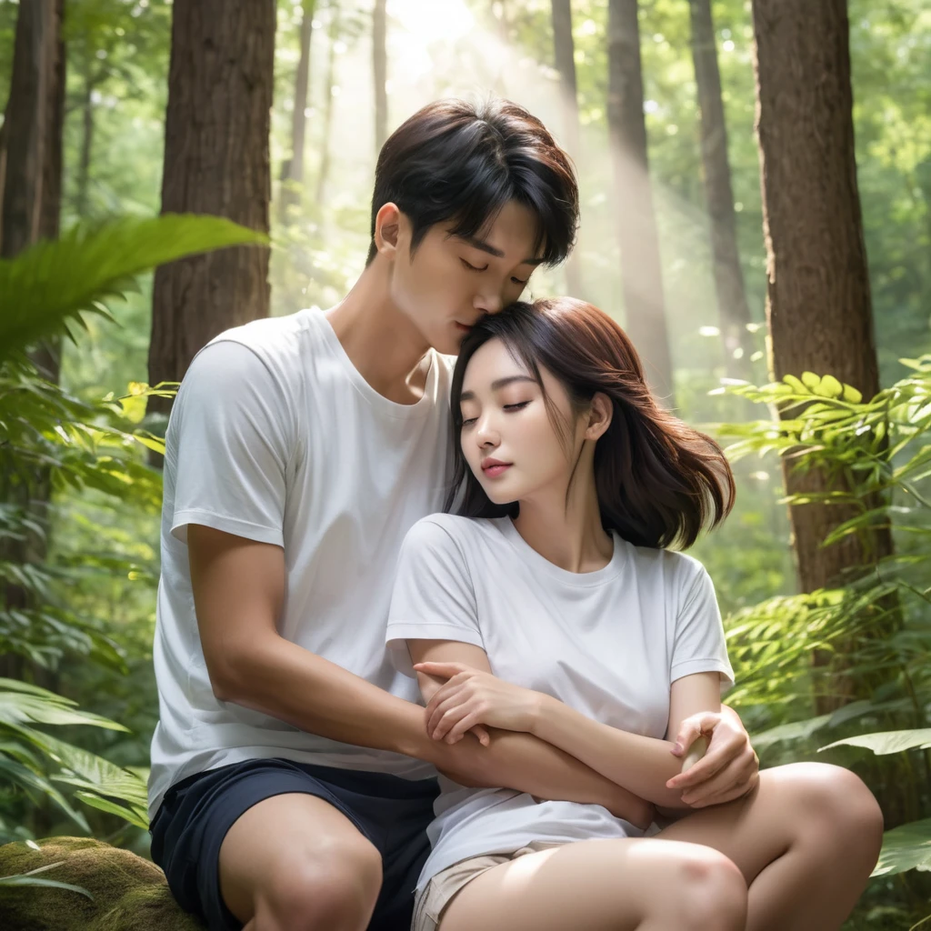 A couple from Korea sits squatting (open legs) in the middle of a lush forest. They wore casual clothes with white t-shirts and shorts, and white sports shoes. The man sits behind the woman, hugging her with his arms around her waist and shoulders, while the woman leans back with her head against the man's chest, with her eyes closed as if enjoying a quiet and intimate moment together. The forest background shows tall trees and dense green leaves, giving the image a natural and peaceful feel. Sunlight can be seen faintly penetrating between the leaves, creating a shady and comfortable atmosphere.
