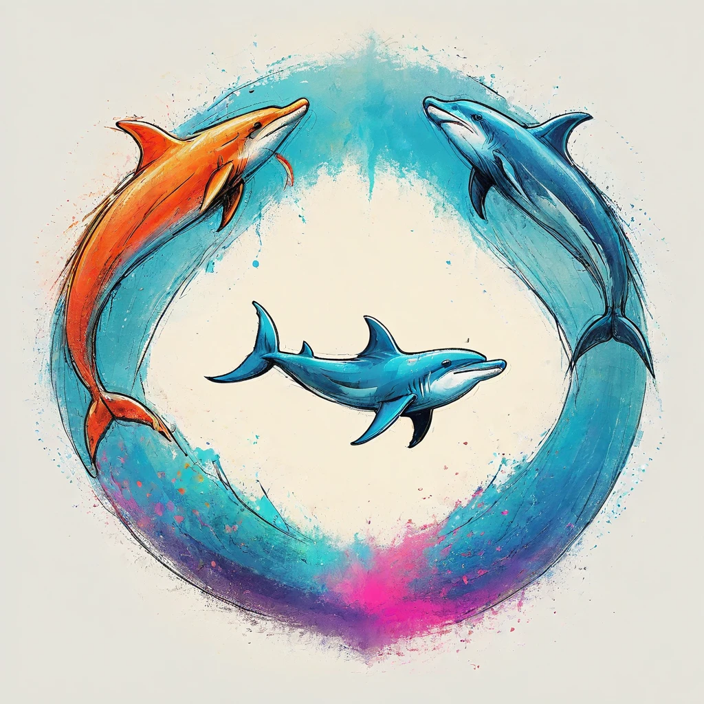 vectorial art, Colorful illustration with dolphins, sharks and fish, At the center, swirly vibrant colors,Underwater swimming background