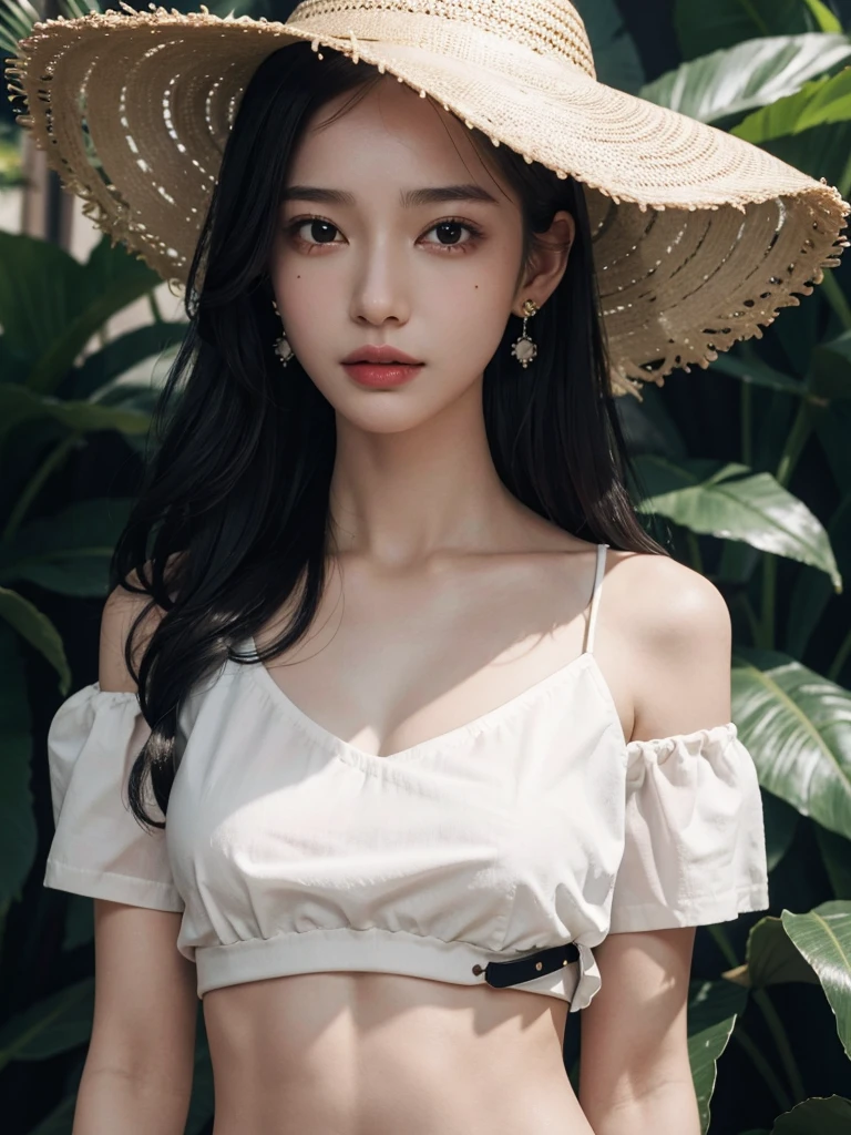 absurdres, RAW photo, extremely delicate and beautiful, masterpiece, Best Quality, ultra high resolution, 32k, hyperrealistic, ultra-detailed, perfect figure, in her 20s, very small head, very small face, delicate facial features, tearful mole, earring, ((huge breasts)), full body shot, medium hair, black hair, colored inner hair, casual, blouse, white shirt, buttoned shirt, bare shoulders, collarbone, midriff, navel, shorts, straw hat,