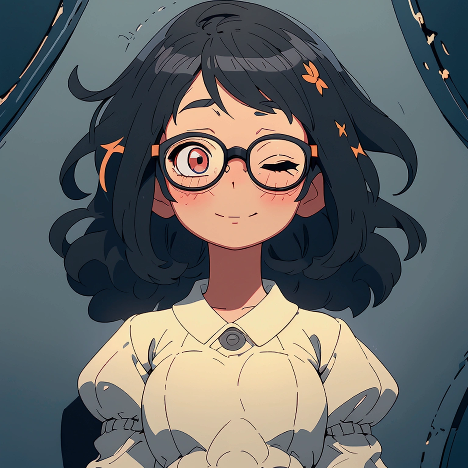 A bob-cut elementary school girl is wearing glasses, black eyes, not wearing glasses, happy with eyes closed, looking up, white skin, large breasts, looking up, black hair