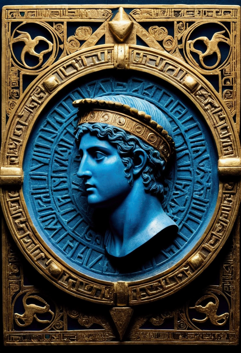 Create a high-quality, detailed image of a mystical roman medallón. The medallón should have an ancient Roman design, symbolizing its connection to the era of Valeria Mesalina. It should be round and made of gold, with intricate engravings and a slightly worn appearance, indicating its age. In the center of the medallón, there should be a glowing, blue gemstone that emits a faint light, hinting at its magical properties. The edges of the medallón should be adorned with small, detailed symbols and Roman numerals, representing its ability to manipulate time. The background of the image should be a dimly lit, ancient Roman room, with faint shadows and warm, golden lighting that highlights the medallón's details. The overall atmosphere should be mystical and historical, with a sense of wonder and ancient power."