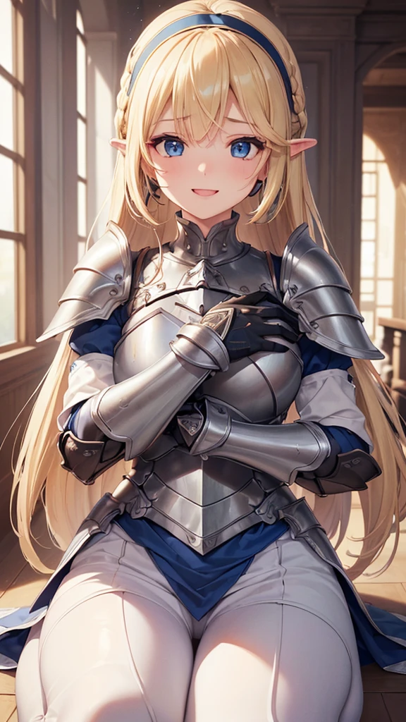 ({{masterpiece、Highest quality、Super detailed}})) 1 female、Blonde、Semi-long bob、armor、hair band、breastplate、肩armor、bangs、(armorブーツ、armorブーツ、White trousers、Hair above one eye、blue eyes、gloves、solo,(8K、Highest quality、masterpiece:1.2)、(Strong eyes) 、 Hair Detail, Delicate facial depiction,Wide-open eyes、Beautiful Eyes、double eyelid、Double eyelids、Beautiful nose、Headset on one ear、laughing、smile、(Full Body Shot:1.2)、