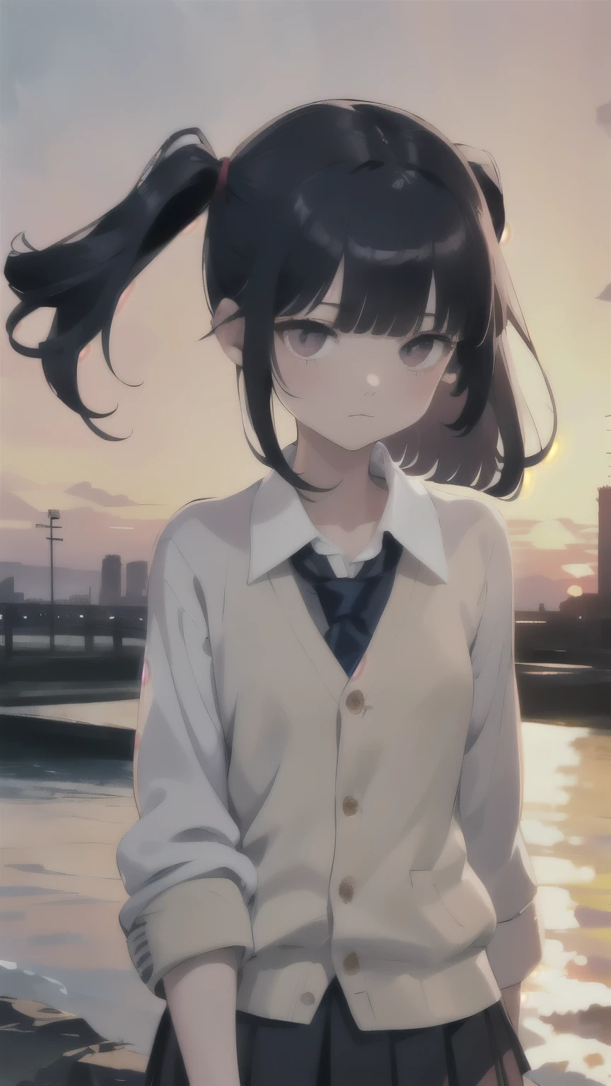 One Girl, (Sunset sky), Stand and wave, School Area, Cityscape, scenery, School Cardigan, (Sleeves are longer than the wrist), Powerful loafers, Black ash two side up hair, Blunt bangs, Beautiful dark eyes, Black knee socks, Cinema Lighting, Upper Body, :3,