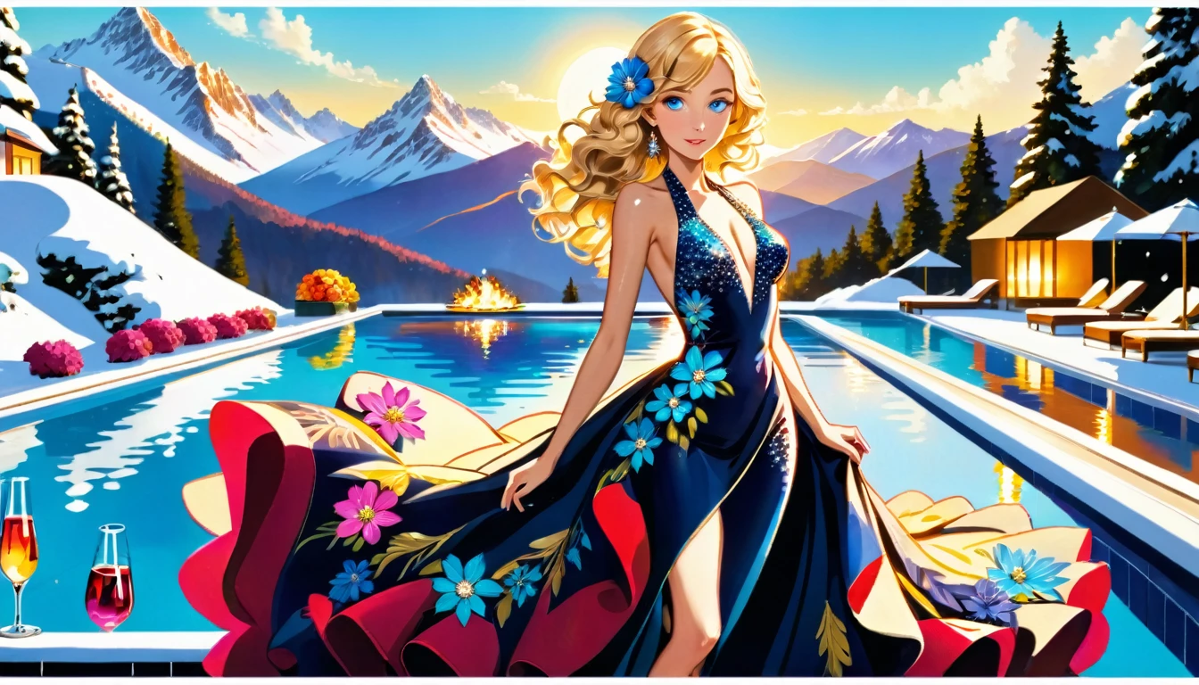 an ultra wide award winning picture of an elite glamour woman in a pool party in a high society pool on a snowy mountain, a most beautiful woman  ((anatomically correct:1.5)), blond hair, rich hair, wavy hair, deep blue eyes, wearing a bathing suit dress, intricate bathing suit, dynamic color, decorated with flowers, decorated with diamonds, sense of prestige, high class, holding a glass of wine, wearing elegant high heels, in a rich high society pool party, large infinity pool in hotel roof, in a resort on a snowy mountain, sun setting down, torches around the pool, and other party goers snow mountain in the background, chumbasket art style, flower dress