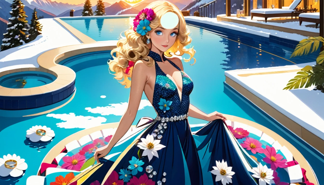 an ultra wide award winning picture of an elite glamour woman in a pool party in a high society pool on a snowy mountain, a most beautiful woman  ((anatomically correct:1.5)), blond hair, rich hair, wavy hair, deep blue eyes, wearing a bathing suit dress, intricate bathing suit, dynamic color, decorated with flowers, decorated with diamonds, sense of prestige, high class, holding a glass of wine, wearing elegant high heels, in a rich high society pool party, large infinity pool in hotel roof, in a resort on a snowy mountain, sun setting down, torches around the pool, and other party goers snow mountain in the background, chumbasket art style, flower dress