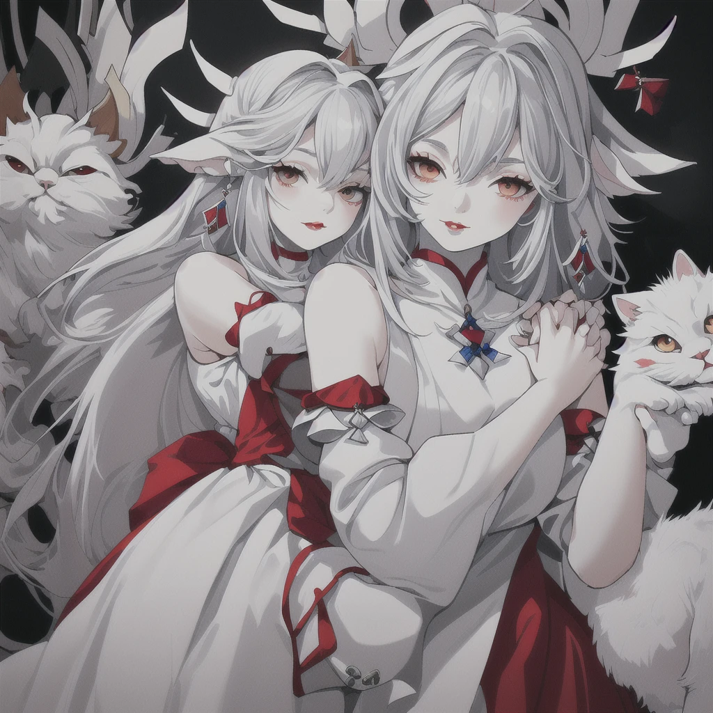 A gray-haired girl with very white skin and very red lips, wearing a white dress with blue embroidery, who is hugging a white Persian cat with black spots.
