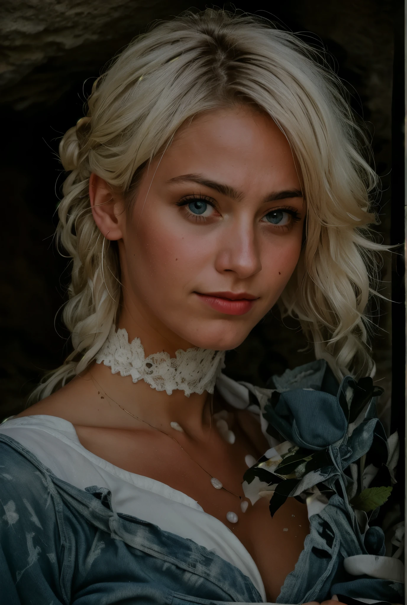 photograph of a woman, (troubled facial expression), textured skin, goosebumps, white afro hair, plaid flannel shirt with distressed boyfriend jeans, cowboy shot, dark and mysterious cave with unique rock formations and hidden wonders, perfect blue eyes, (candlelight,chiaroscuro), Porta 160 color, shot on ARRI ALEXA 65, bokeh, sharp focus on subject, shot by Don McCullin