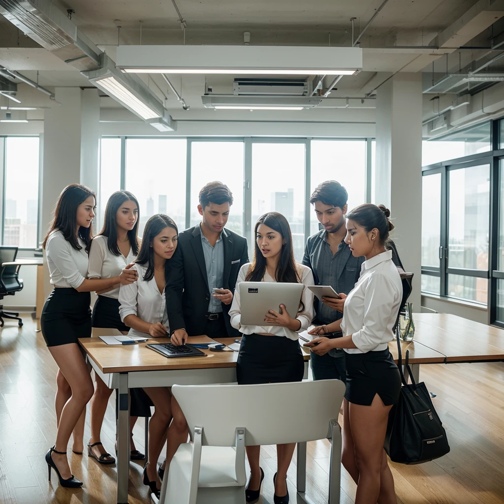 "Create a high-resolution, professional-quality image of a diverse group of young professionals collaborating in a modern office setting. The scene should include both men and women of various ethnic backgrounds, all dressed in smart casual attire. They are engaged in a productive brainstorming session around a large table with laptops, tablets, and notepads. The office environment should be bright and open, featuring large windows that allow natural light to flood the space, contemporary furniture, and stylish decor. The atmosphere should convey teamwork, innovation, and a positive work environment. Ensure the image has a clean, polished look with vibrant colors and sharp details, making it ideal for business, marketing, and corporate use on stock photography platforms."