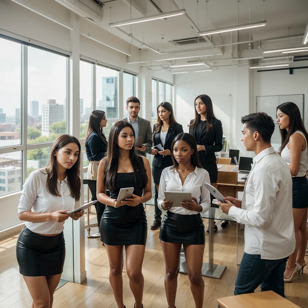 "Create a high-resolution, professional-quality image of a diverse group of young professionals collaborating in a modern office setting. The scene should include both men and women of various ethnic backgrounds, all dressed in smart casual attire. They are engaged in a productive brainstorming session around a large table with laptops, tablets, and notepads. The office environment should be bright and open, featuring large windows that allow natural light to flood the space, contemporary furniture, and stylish decor. The atmosphere should convey teamwork, innovation, and a positive work environment. Ensure the image has a clean, polished look with vibrant colors and sharp details, making it ideal for business, marketing, and corporate use on stock photography platforms."