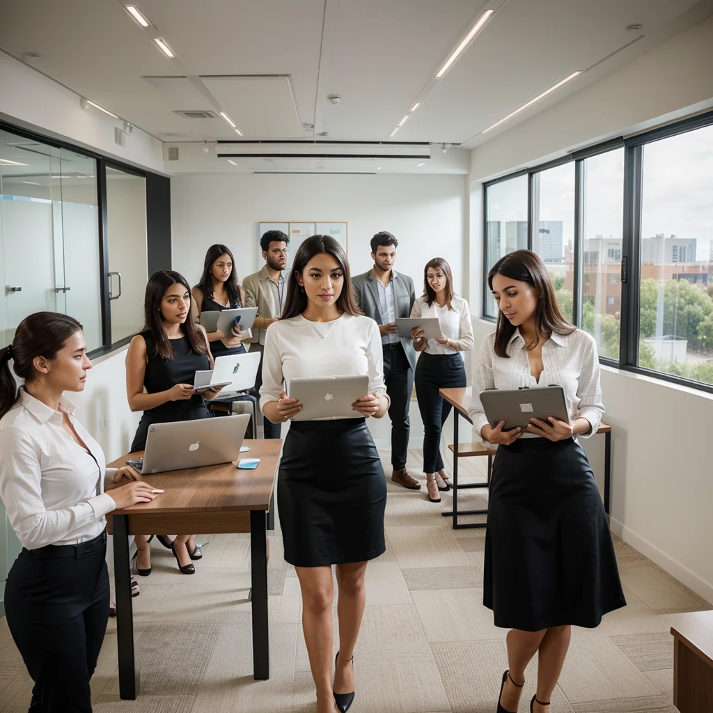 "Create a high-resolution, professional-quality image of a diverse group of young professionals collaborating in a modern office setting. The scene should include both men and women of various ethnic backgrounds, all dressed in smart casual attire. They are engaged in a productive brainstorming session around a large table with laptops, tablets, and notepads. The office environment should be bright and open, featuring large windows that allow natural light to flood the space, contemporary furniture, and stylish decor. The atmosphere should convey teamwork, innovation, and a positive work environment. Ensure the image has a clean, polished look with vibrant colors and sharp details, making it ideal for business, marketing, and corporate use on stock photography platforms."