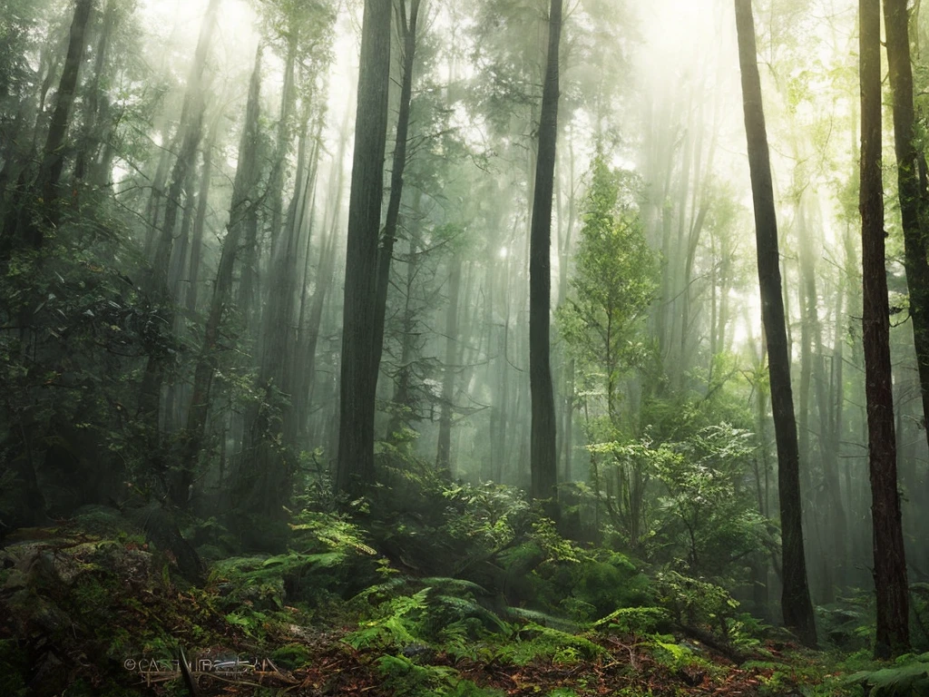 A thick forest, high chaos, dark fairytale atmosphere, volumetric light, soft sunlight, intricate work by Johan Grenier style, Alyssa Monks style