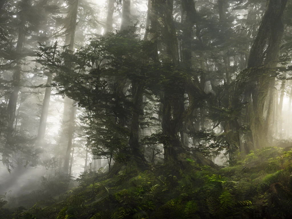 A thick forest, high chaos, dark fairytale atmosphere, volumetric light, soft sunlight, intricate work by Johan Grenier style, Alyssa Monks style