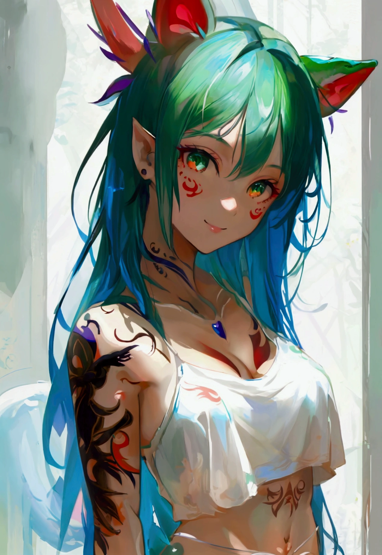 1girl, solo, cyan hair, light blue hair, very long hair, hair accesory, green eyes, small breasts, crop top, white top, navel, white shorts, (lizard tail, calango tail:1.25), pointy ears, (red tattoos, purple tattoos, tattoos all over her body:1.23), standing, smiling, closed mouth, arms behind back, close-up, portrait, zoom in, transparent background, white background, ((masterpiece, best quality, limited palette))