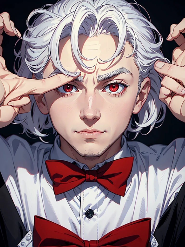 portrait of a close up of a poster with a man , He has Red eyes and white short hair, wearing white, his hands up and a bow tie. he is making hypnosise with his hand. Dracula style. comics anime style, 70s poster, pop punk art style (No background) (portrait of his upper body)