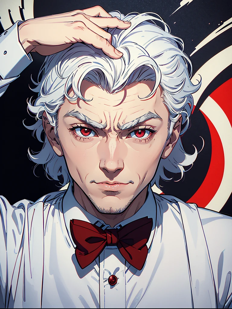 portrait of a close up of a poster with a man , He has Red eyes and white short hair, wearing white, his hands up and a bow tie. he is making hypnosise with his hand. Dracula style. comics anime style, 70s poster, pop punk art style (No background) (portrait of his upper body)