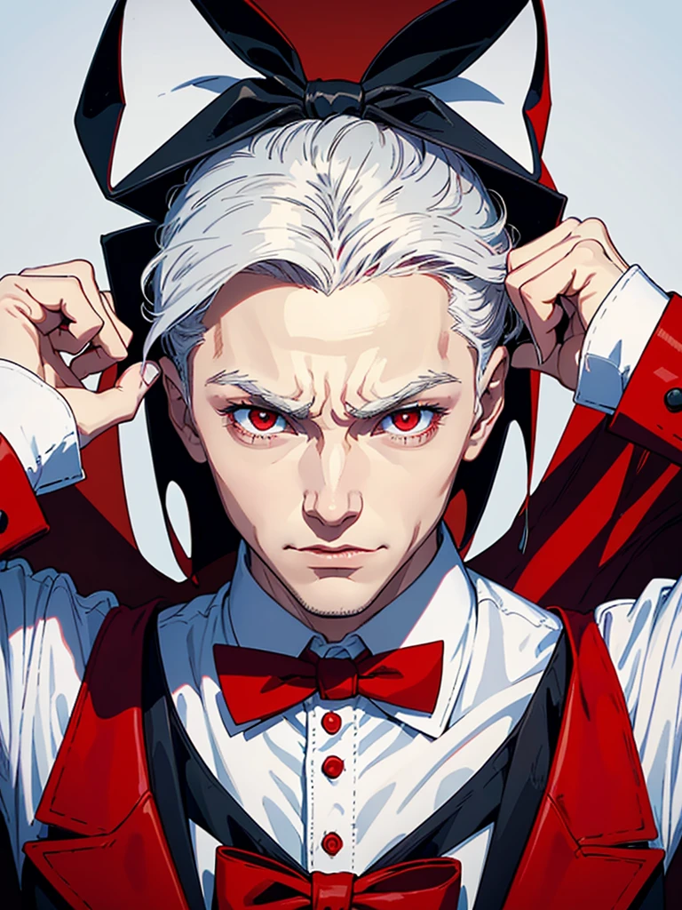 portrait of a close up of a poster with a man , He has Red eyes and white short hair, wearing white, his hands up and a bow tie. he is making hypnosise with his hand. Dracula style. comics anime style, 70s poster, pop punk art style (No background) (portrait of his upper body)