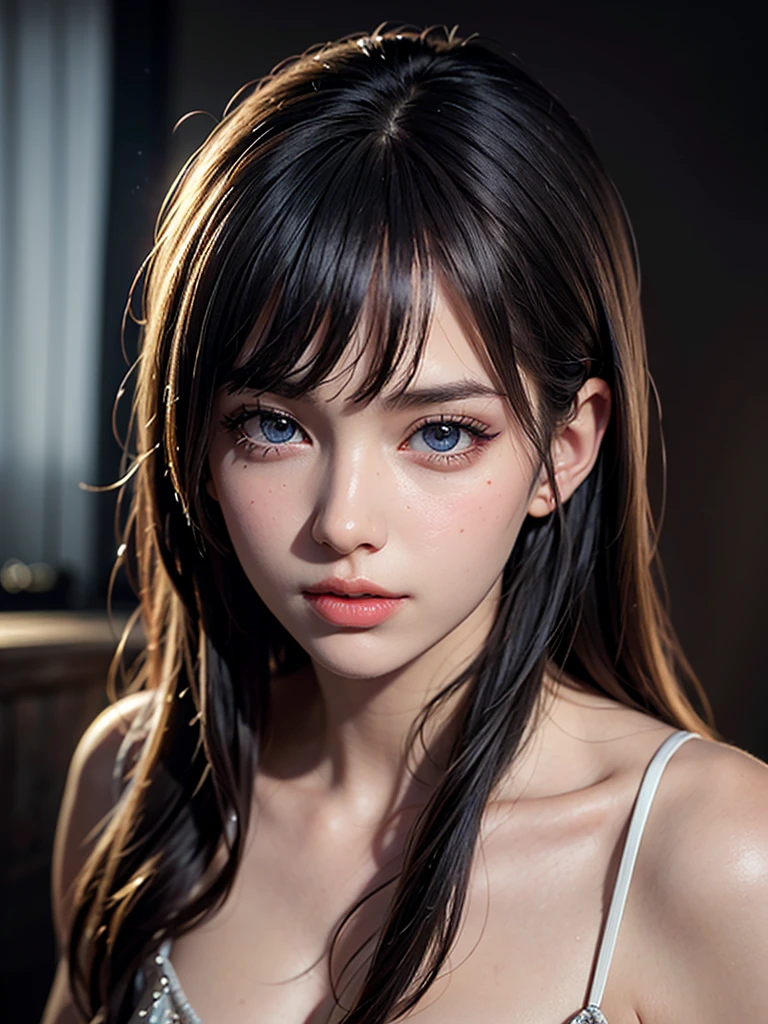 A mysterious beautiful woman, cleavage, small breasts, detailed face, beautiful eyes, detailed lips, long eyelashes,  cinematic lighting, dramatic shadows, highly detailed, 8k, ultra-detailed, hyper-realistic, photorealistic, masterpiece, digital art, fantasy, intricate details