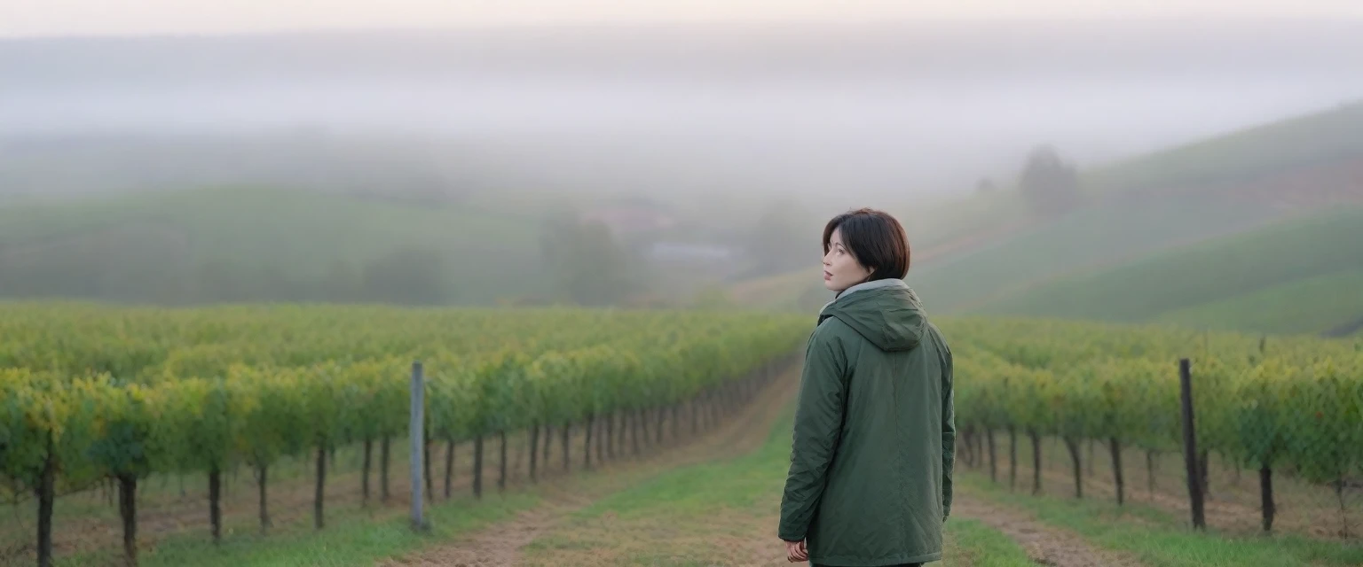 8k best picture quality, Beautiful 36-year-old Korean woman, Chest size 34 inches, The cathedral can be seen through the early morning fog past the vineyards in the Croatian countryside., The back background is realistic and vivid image quality, short and medium hair, Wearing a parka and casual pants,Perfect and realistic photos, The background is realistic. Full body shot with Canon camera 16-35 wide angle lens, expressionless, Photographed overlooking a vineyard from a hill shrouded in thick fog