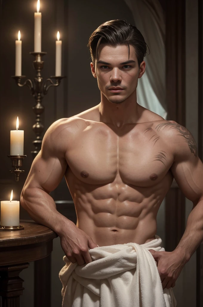 Josh Harnett with short hair slicked back, Make Older, 30 years, make it more brutal, add scars to chest. naked, passion, lust, beautiful bodies, correct anatomy, Victorian era, The most realistic face, realistic body, detailed face, silk towel around hips, night, candles,