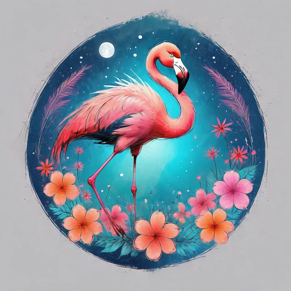 vectorial art, Colorful illustration with flamingo and flowers, At the center, swirly vibrant colors,Rainforest starry sky background