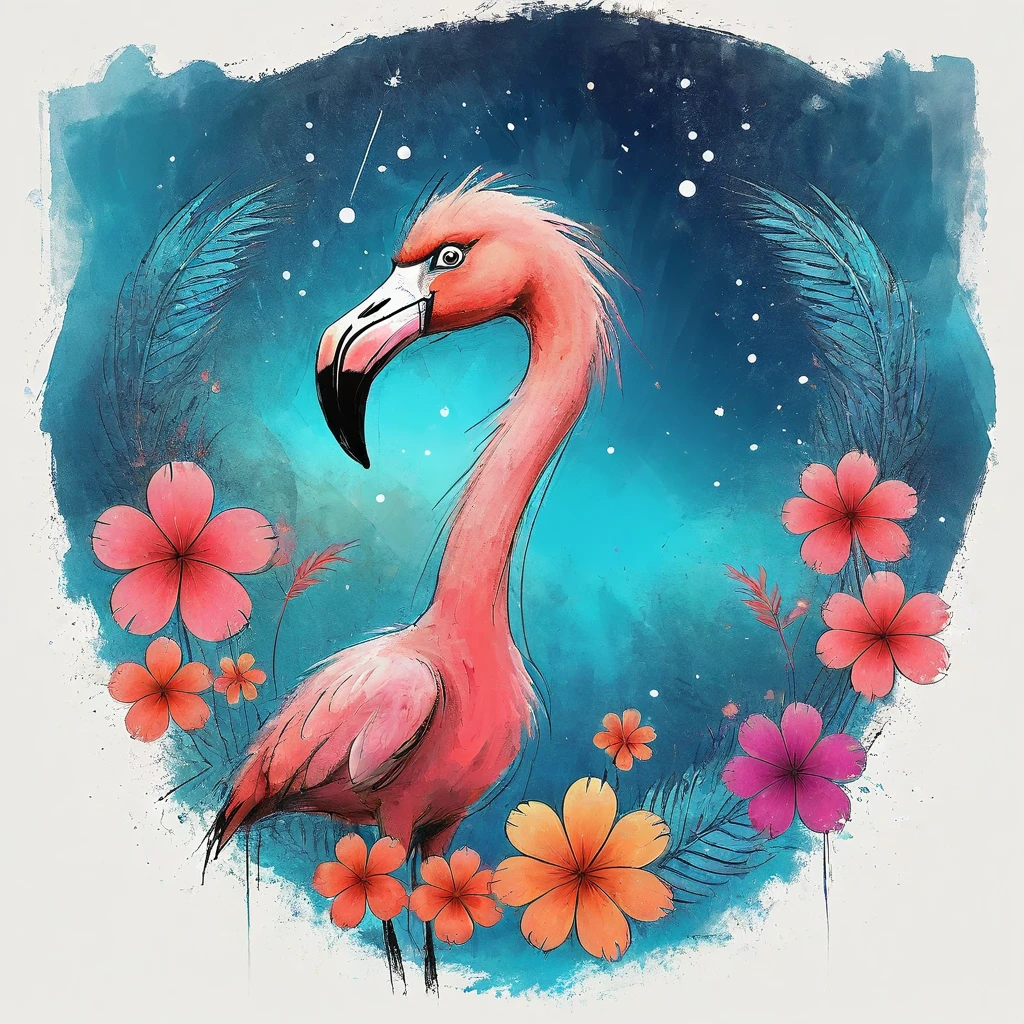 vectorial art, Colorful illustration with flamingo and flowers, At the center, swirly vibrant colors,Rainforest starry sky background
