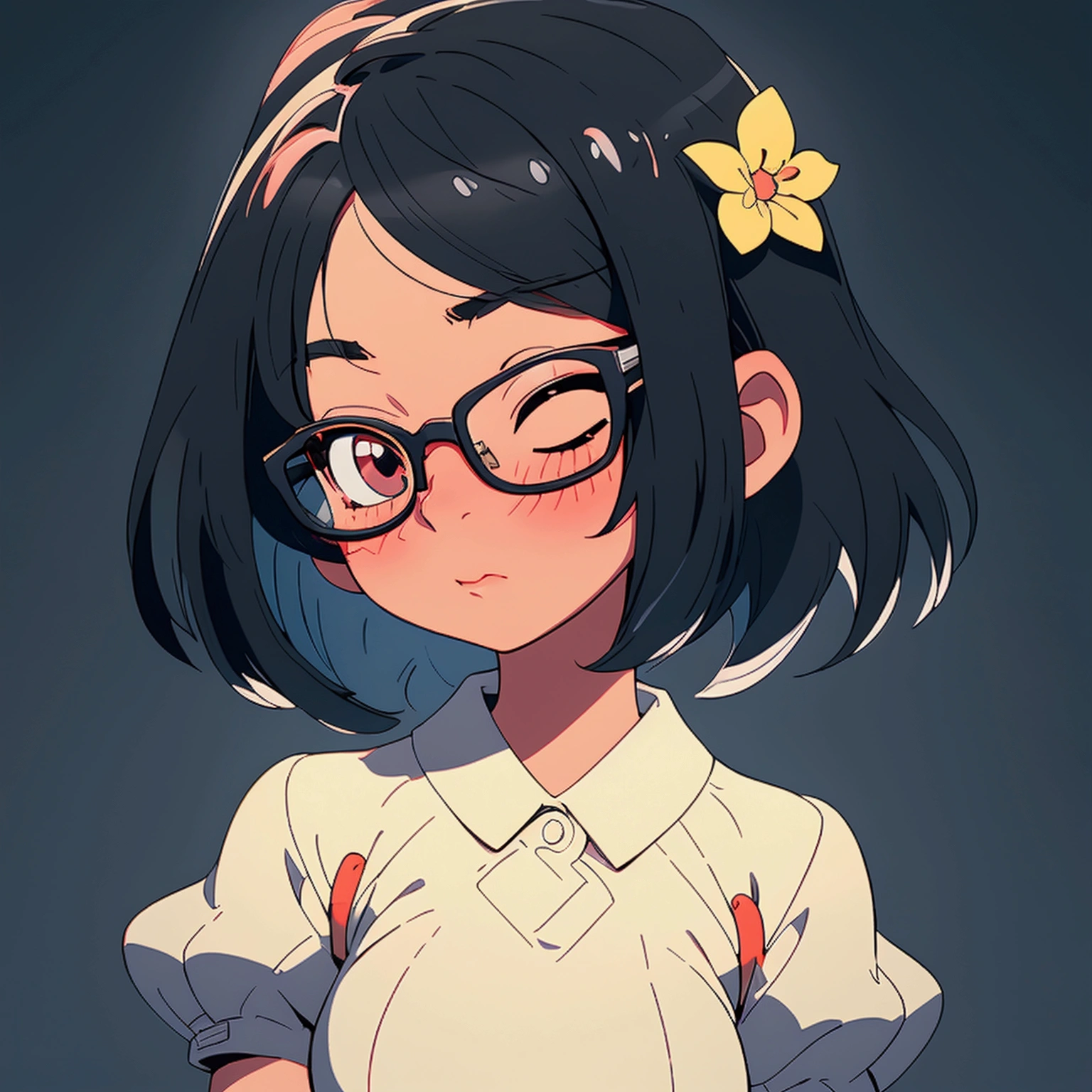 A bob cut elementary school girl is wearing glasses, black eyes, not wearing glasses, kissing with both eyes closed, looking up, white skin, big breasts, looking up, black hair
