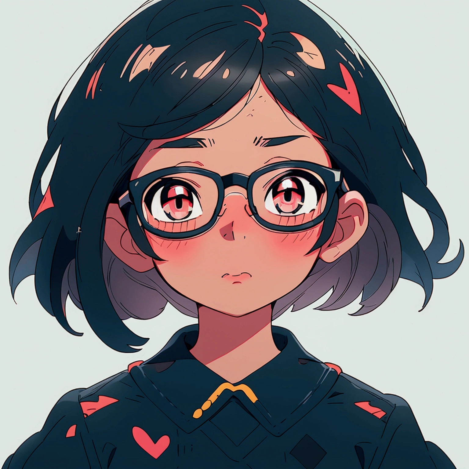 A bob cut  is wearing glasses, black eyes, not wearing glasses, kissing with both eyes closed, looking up, white skin, big breasts, looking up, black hair