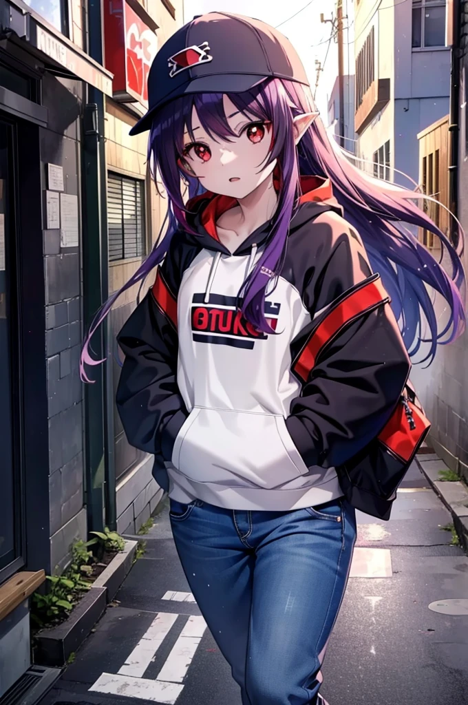 yuukikonno, Konno Yuuki, Long Hair, Pointed Ears, Purple Hair, (Red eyes:1.5), (Small breasts:1.2), Open your mouth,Baseball hats,Oversized purple hoodie,jeans,Thick hem,boots,Walking,Graffiti wall,Daytime,Clear skies,Both hands are in the pockets of the hoodie、whole bodyがイラストに入るように,
break looking at viewer, whole body,
break outdoors, Alley,
break (masterpiece:1.2), Highest quality, High resolution, unity 8k wallpaper, (figure:0.8), (Beautiful attention to detail:1.6), Highly detailed face, Perfect lighting, Highly detailed CG, (Perfect hands, Perfect Anatomy),