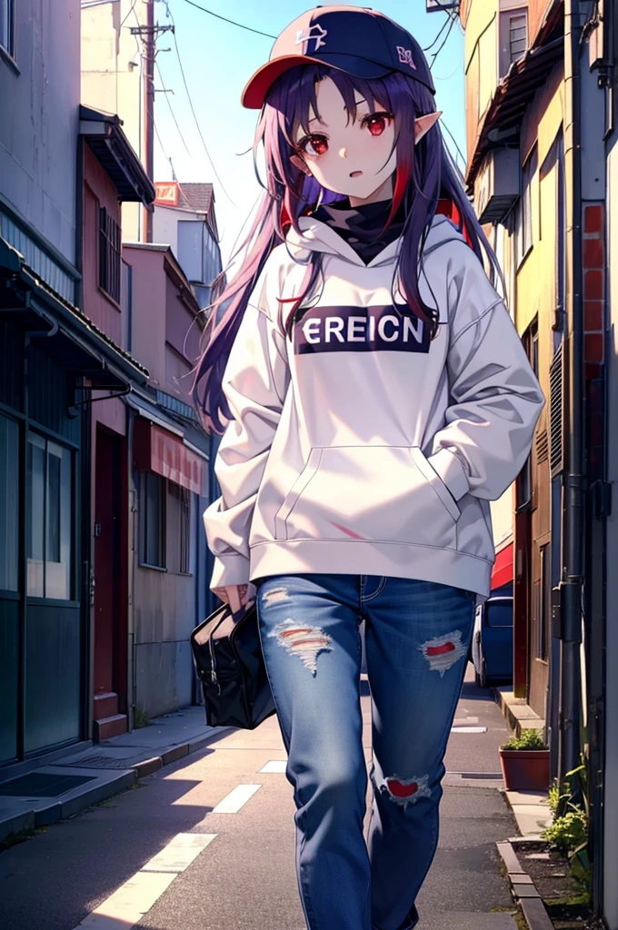 yuukikonno, Konno Yuuki, Long Hair, Pointed Ears, Purple Hair, (Red eyes:1.5), (Small breasts:1.2), Open your mouth,Baseball hats,Oversized purple hoodie,jeans,Thick hem,boots,Walking,Graffiti wall,Daytime,Clear skies,Both hands are in the pockets of the hoodie、whole bodyがイラストに入るように,
break looking at viewer, whole body,
break outdoors, Alley,
break (masterpiece:1.2), Highest quality, High resolution, unity 8k wallpaper, (figure:0.8), (Beautiful attention to detail:1.6), Highly detailed face, Perfect lighting, Highly detailed CG, (Perfect hands, Perfect Anatomy),