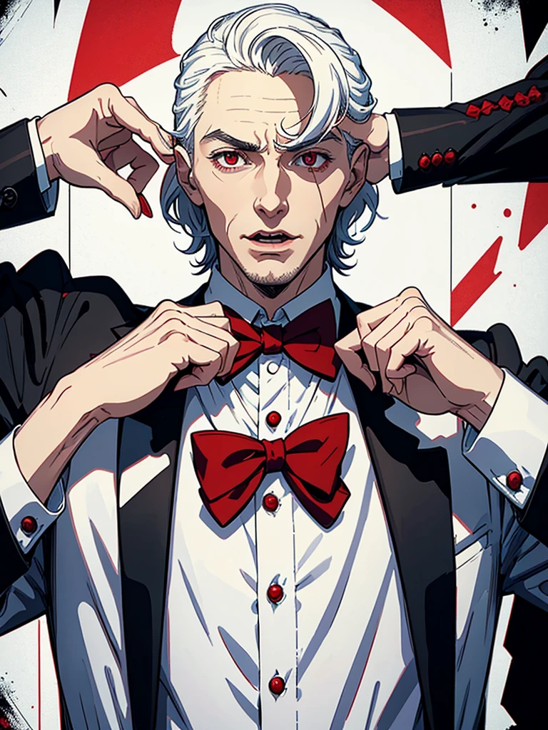 portrait of a close up of a poster with a man , He has Red eyes and white short hair, wearing white, his hands up and a bow tie. he is making hypnosise with his hand. Dracula style. comics anime style, 70s poster, pop punk art style (No background) (portrait of his upper body)