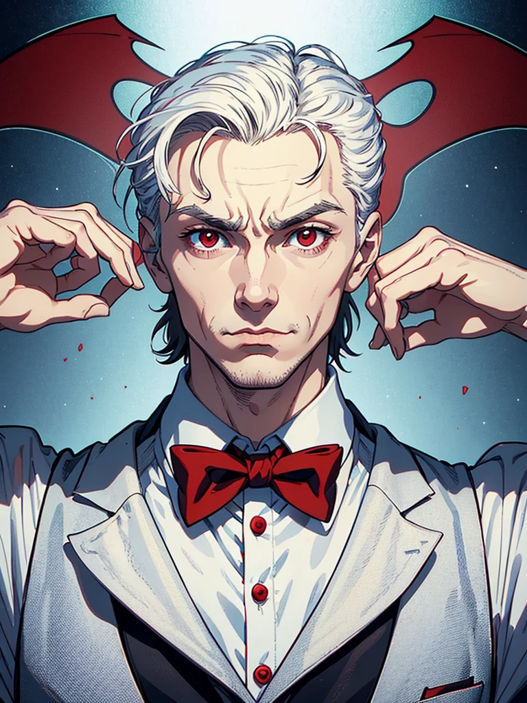 portrait of a close up of a poster with a man , He has Red eyes and white short hair, wearing white, his hands up and a bow tie. he is making hypnosise with his hand. Dracula style. comics anime style, 70s poster, pop punk art style (No background) (portrait of his upper body)