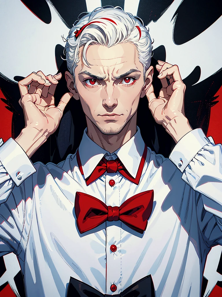 portrait of a close up of a poster with a man , He has Red eyes and white short hair, wearing white, his hands up and a bow tie. he is making hypnosise with his hand. Dracula style. comics anime style, 70s poster, pop punk art style (No background) (portrait of his upper body)