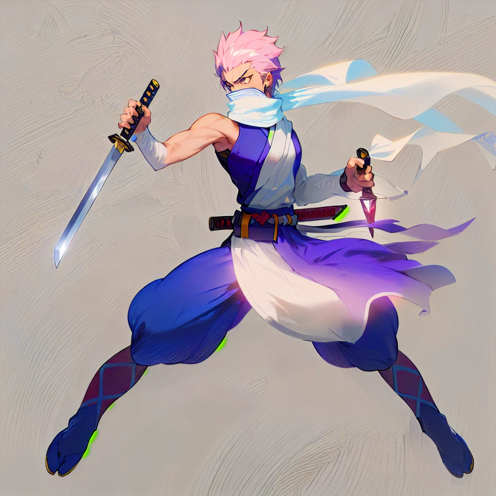 anime character with sword and scarf in a fighting pose, angry character wielding a sword, dramatic wielding sword pose, with large sword, anime style character, inspired by Kamisaka Sekka, anime in fantasy style, clean lineart and color, concept art of a monk, warrior character design, carrying scabbard on his back, picture of an adult male warrior