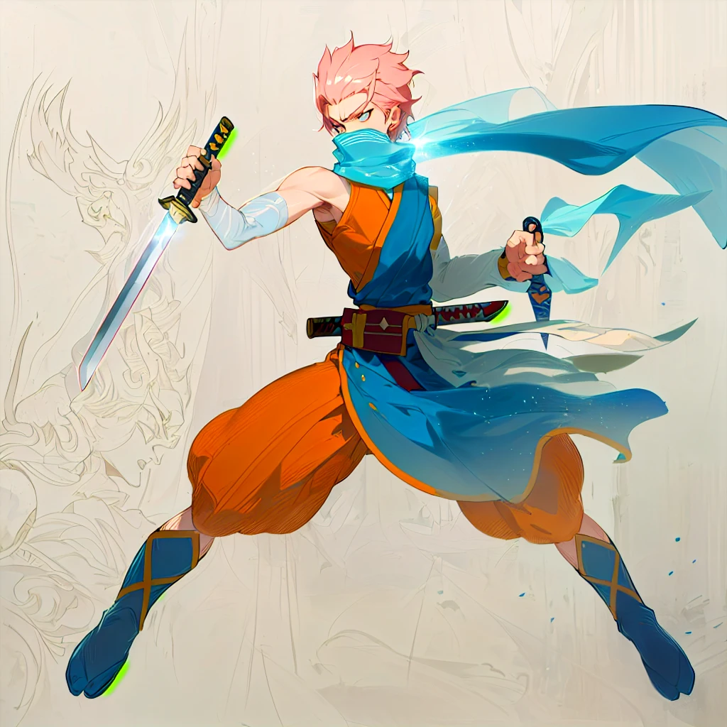 anime character with sword and scarf in a fighting pose, angry character wielding a sword, dramatic wielding sword pose, with large sword, anime style character, inspired by Kamisaka Sekka, anime in fantasy style, clean lineart and color, concept art of a monk, warrior character design, carrying scabbard on his back, picture of an adult male warrior