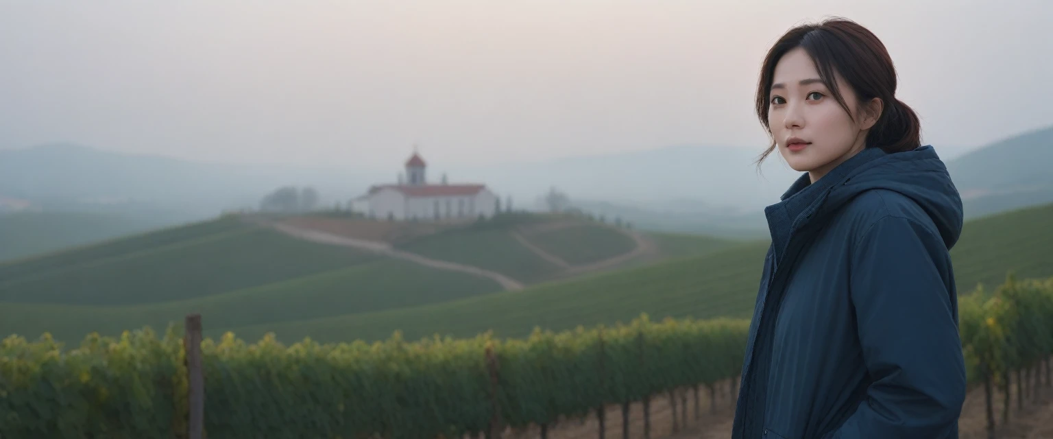 8k best picture quality, Beautiful 36-year-old Korean woman, Chest size 34 inches, The cathedral can be seen through the early morning fog past the vineyards in the Croatian countryside., The back background is realistic and vivid image quality, short and medium hair, Wearing a parka and casual pants,Perfect and realistic photos, The background is realistic. Full body shot with Canon camera 16-35 wide angle lens, expressionless, Photographed overlooking a vineyard from a hill shrouded in thick fog
