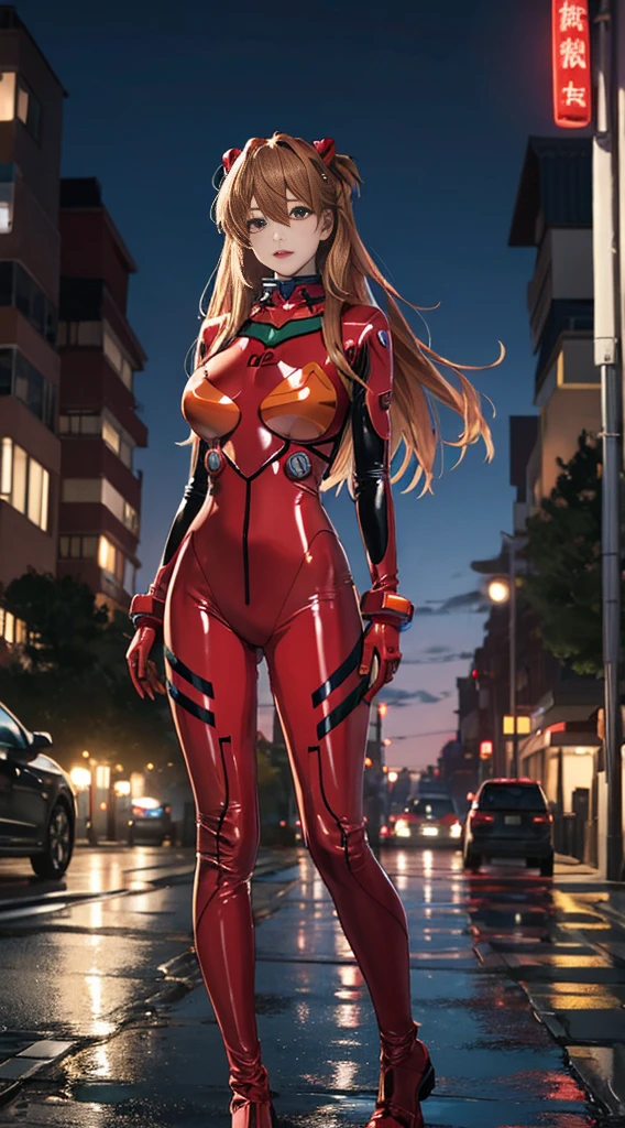 Highest quality, kusubero redhead, Master Parts, Realistic, Realistic, One girl, alone, View the viewer, whole body, Are standing, Long Hair, Asuka in Fantasy, , , Bodysuits, hair ornaments, Detailed Background, On the street, night, Light, rain,Big breasts,I can see her ,Large nipples,I can see the pussy.