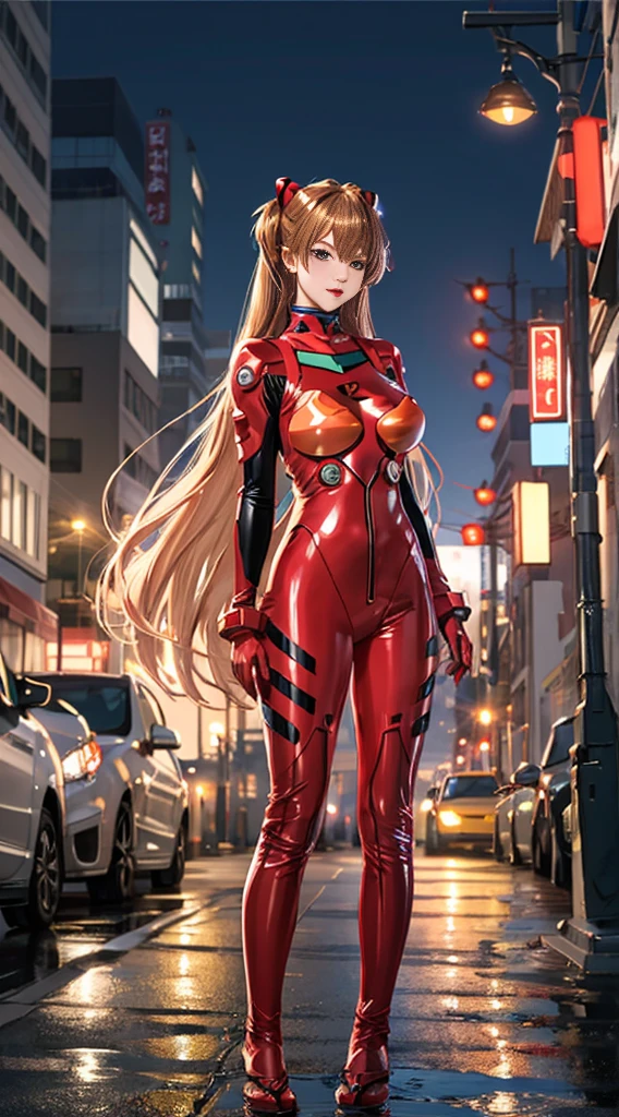 Highest quality, kusubero redhead, Master Parts, Realistic, Realistic, One girl, alone, View the viewer, whole body, Are standing, Long Hair, Asuka in Fantasy, , , Bodysuits, hair ornaments, Detailed Background, On the street, night, Light, rain,Big breasts,I can see her ,Large nipples,I can see the pussy.