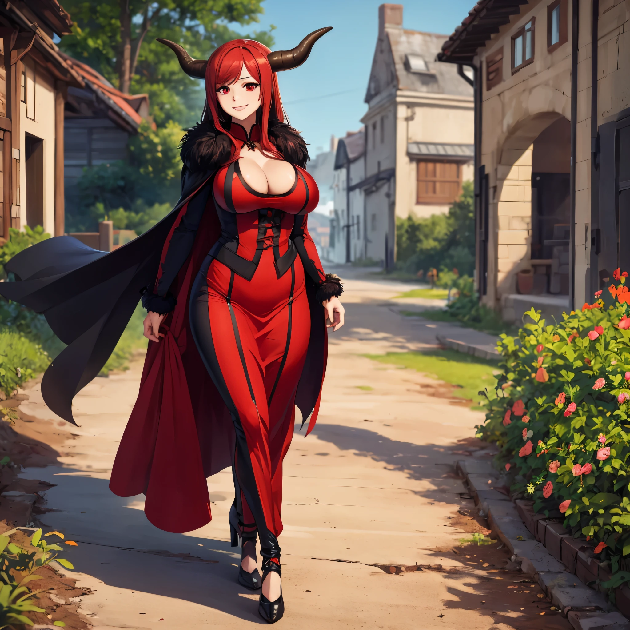 A woman wearing a red dress with black details with long sleeves, (Maoyuu) wearing luxury black fur cape, walking on a dirt sidewalk, open field view, smiling, big breasts, red red hair, long hair, horns, ruby red eyes, red heels, perfect face, perfect eyes, daytime spot,(woman alone),UHD , prime work , accurate , anatomically correct , textured skin , super details , high quality , best quality, 8k, high resolution, bokeh effect, realistic.