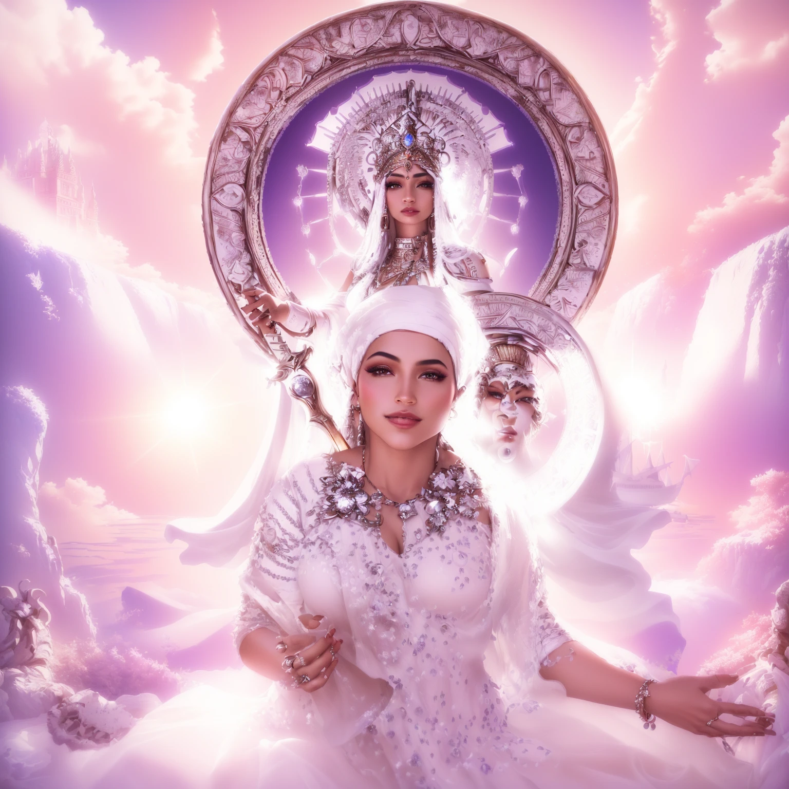 there is a woman in a white dress sitting on a rock, queen and ruler of the universe, 3 d goddess portrait, extremely detailed goddess photo, indian goddess of wealth, goddess portrait, goddess of love and peace, inspired by David LaChapelle, Aztec princess portrait, moroccan queens ny, Jayson Tatum as Mother Mary, a stunning portrait of a goddess