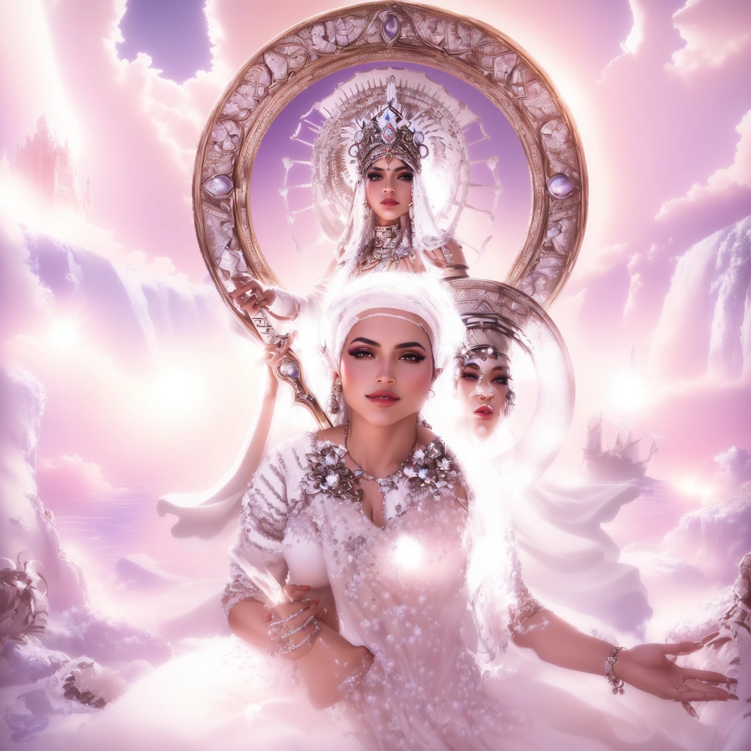 there is a woman in a white dress sitting on a rock, queen and ruler of the universe, 3 d goddess portrait, extremely detailed goddess photo, indian goddess of wealth, goddess portrait, goddess of love and peace, inspired by David LaChapelle, Aztec princess portrait, moroccan queens ny, Jayson Tatum as Mother Mary, a stunning portrait of a goddess