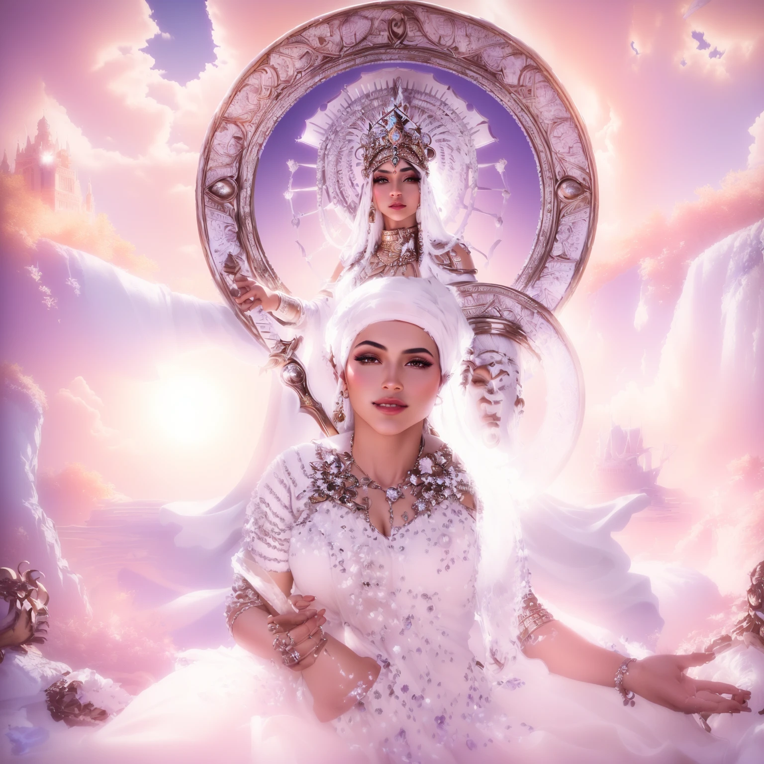 there is a woman in a white dress sitting on a rock, queen and ruler of the universe, 3 d goddess portrait, extremely detailed goddess photo, indian goddess of wealth, goddess portrait, goddess of love and peace, inspired by David LaChapelle, Aztec princess portrait, moroccan queens ny, Jayson Tatum as Mother Mary, a stunning portrait of a goddess