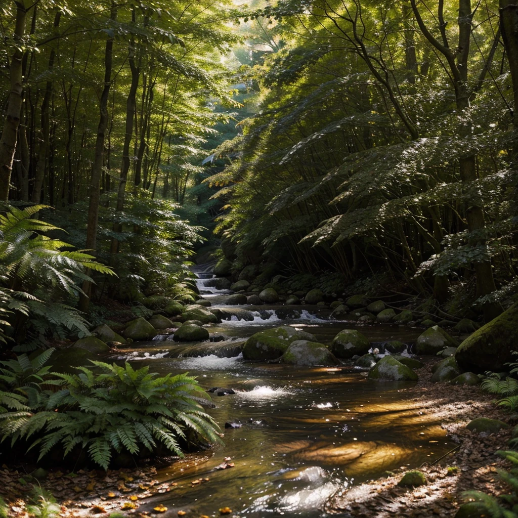 "Create a high-resolution, professional-quality image of a serene nature landscape. The scene should depict a tranquil forest during the golden hour, with soft, warm sunlight filtering through the dense canopy of tall, majestic trees. A narrow, winding path covered in fallen leaves leads the viewer's eye deeper into the forest. The foreground features a variety of lush, green plants and ferns, while in the background, the light creates a beautiful interplay of shadows and highlights among the trees. Include a gentle stream running alongside the path, with clear, reflective water adding to the peaceful ambiance. The overall mood of the image should evoke calmness, natural beauty, and a sense of escape, making it ideal for travel, wellness, and outdoor adventure themes on stock photography platforms."