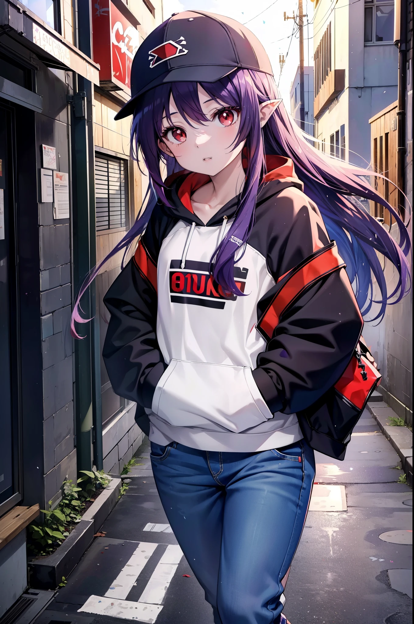 yuukikonno, Konno Yuuki, Long Hair, Pointed Ears, Purple Hair, (Red eyes:1.5), (Small breasts:1.2), Open your mouth,Baseball hats,Oversized purple hoodie,jeans,Thick hem,boots,Walking,Graffiti wall,Daytime,Clear skies,Both hands are in the pockets of the hoodie、whole bodyがイラストに入るように,
break looking at viewer, whole body,
break outdoors, Alley,
break (masterpiece:1.2), Highest quality, High resolution, unity 8k wallpaper, (figure:0.8), (Beautiful attention to detail:1.6), Highly detailed face, Perfect lighting, Highly detailed CG, (Perfect hands, Perfect Anatomy),